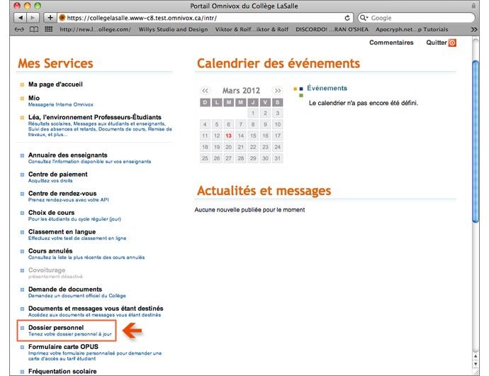 Capture d'écran du portail Omnivox du Collège LaSalle, menus, calendrier de mars 2012 et flèche rouge vers 'Dossier personnel'.