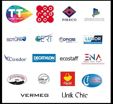 Montage de logos variés représentant les secteurs des télécommunications, du pétrole, de la finance, de la technologie, du commerce de détail, etc. en Tunisie.