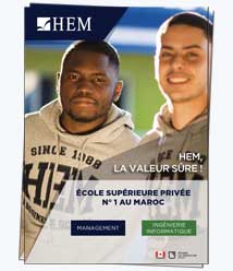 Affiche avec deux étudiants masculins souriants, promouvant HEM comme la principale institution privée d'enseignement supérieur au Maroc, avec un accent sur la gestion.