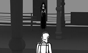 Una imatge en escala de grisos que mostra un home enfrontant-se a una dona misteriosa en una plataforma mal il·luminada, evocant una atmosfera de cinema negre clàssic.