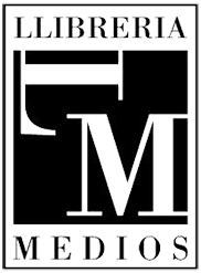  Logotipo en negrita en blanco y negro para "LLIBRERIA MEDIOS" con una "M" estilizada dentro de un marco cuadrado, con el nombre completo alrededor del diseño en un fondo transparente.