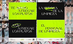A collage of artistic posters with bold text overlays in Spanish, relating to dishwashing and cleaning themes.