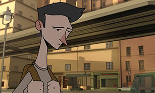 A frame from an animation showing a stylized male character walking in a city street with buildings and a train in the background.