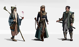 Three diverse fantasy characters, each equipped with distinct attire and weaponry, suggesting different roles or classes.