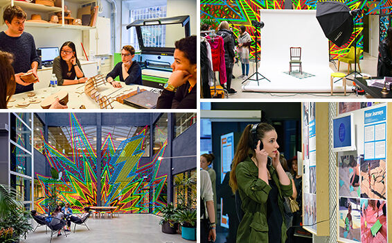 Un collage que mostra la dinàmica vibrant d'un espai de treball creatiu: una sessió de brainstorming, una configuració d'estudi fotogràfic, un mural atrevit en una àrea comuna i un dissenyador concentrat en revisar mostres de materials.