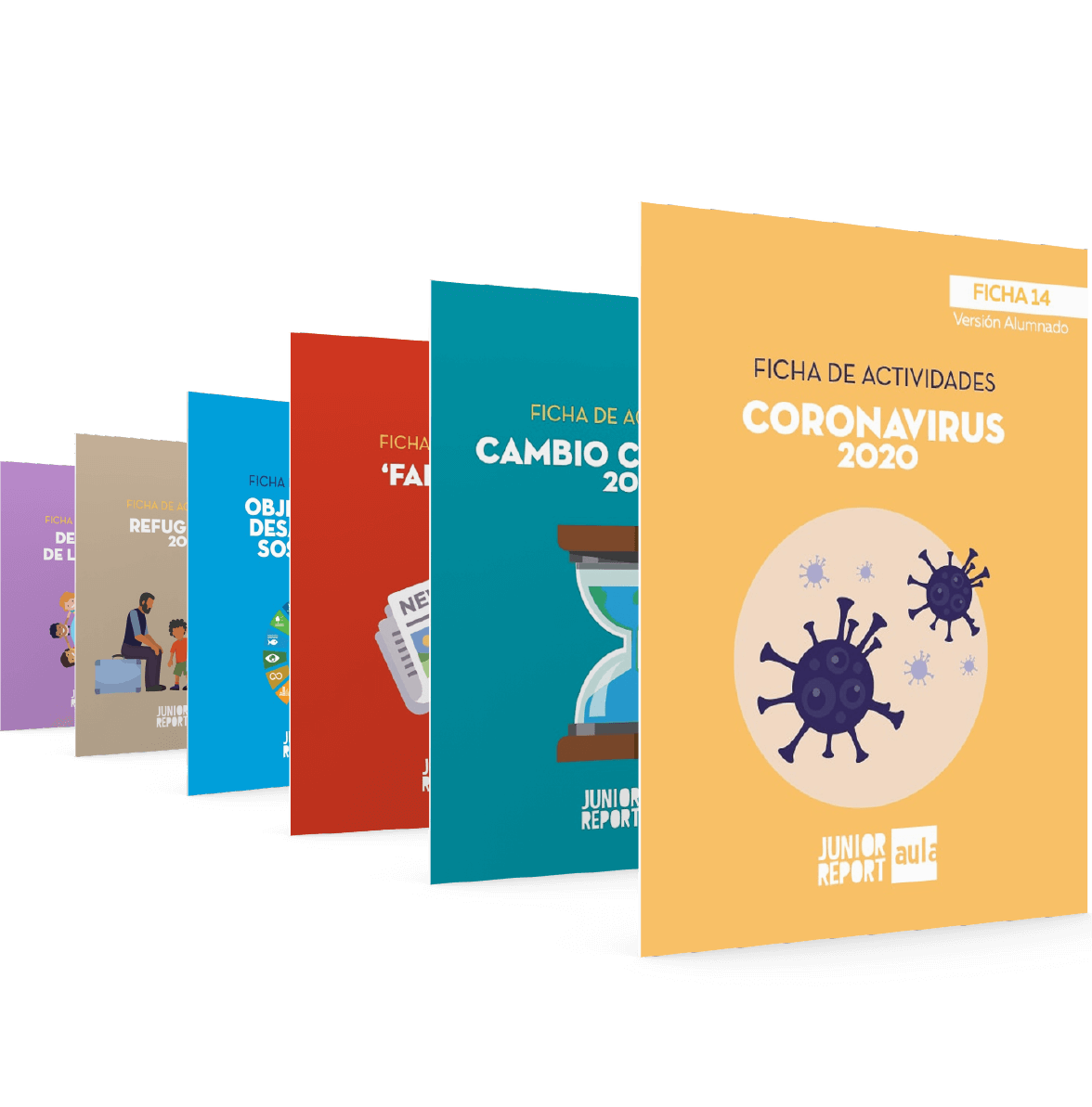 Col·lecció de fulletons colorits sobre diversos temes globals, incloent 'Coronavirus 2020', disposats en forma d'abanico.