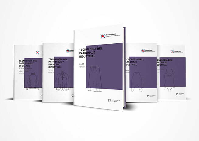 Una colección de cinco libros educativos sobre el patronaje industrial, presentados en una disposición secuencial.