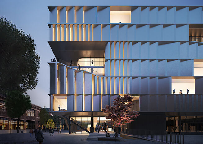 Illuminated multi-tiered building with a geometric façade, bustling with evening activity.