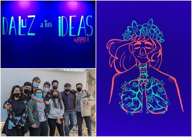A collage with neon art saying "DALE LUZ a tus IDEAS" and a neon illustration, paired with a group photo of masked individuals.