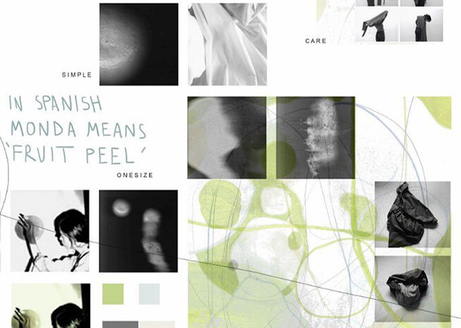 A monochrome collage with various abstract images, textures, and textual elements including the phrase 'In Spanish monda means fruit peel' in a minimalist green and grey color scheme.