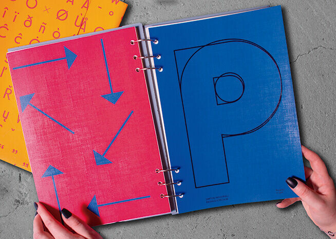 Manos sujetando dos cuadernos con anillas de portadas vibrantes en rosa y azul, con un patrón de flechas llamativo y una gran letra 'P'.