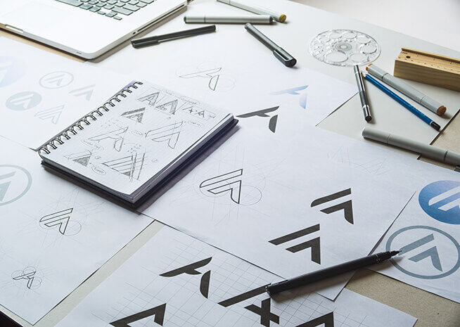 Un cuaderno de bocetos abierto con diseños de logos junto a herramientas de dibujo y logos impresos sobre una superficie blanca.
