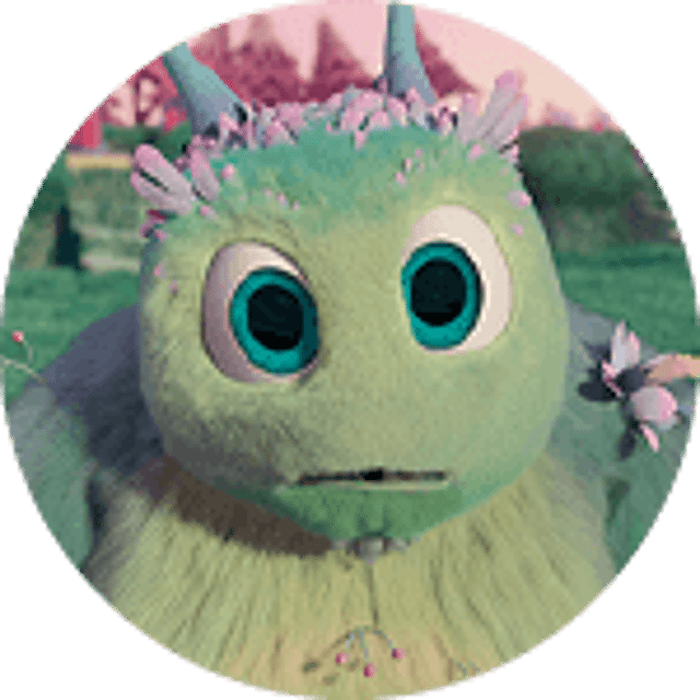An image of a whimsical animated creature with large eyes and a soft green texture, surrounded by spring flowers.