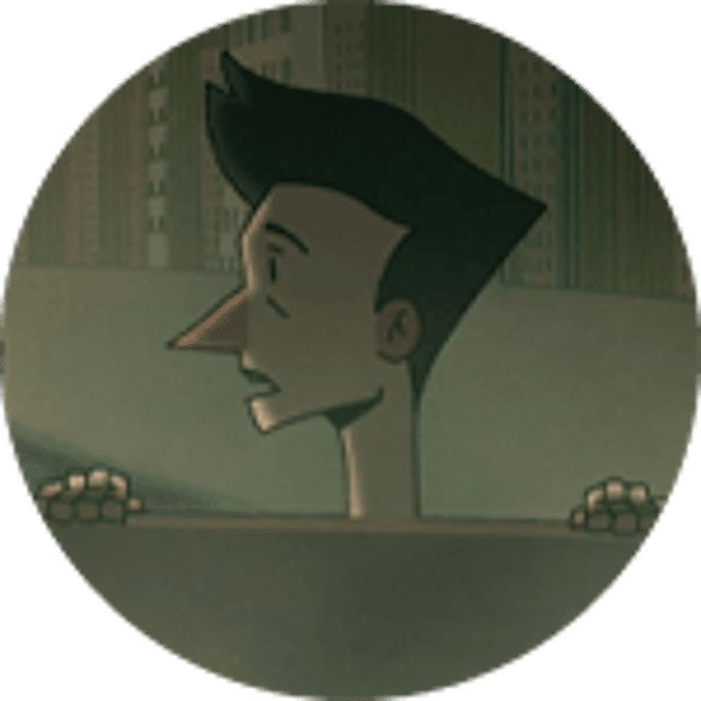 Illustration of a male profile with a distinctive art style featuring sharp angles and a muted color palette.
