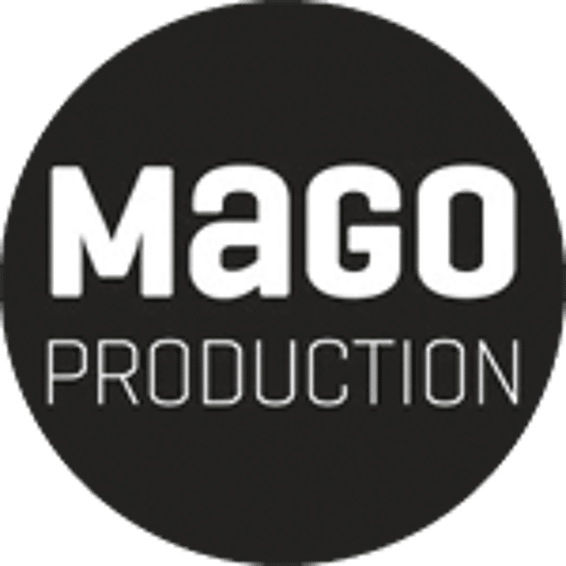 A minimalist black and white logo featuring the text 'MAGO PRODUCTION' in a bold, sans-serif typeface.
