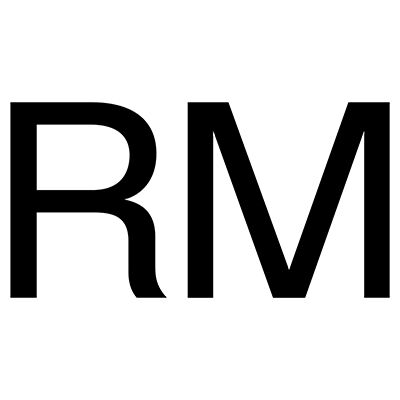 A black and white monogram with the letters 'R' and 'M' interlaced in a modern, minimalist font.