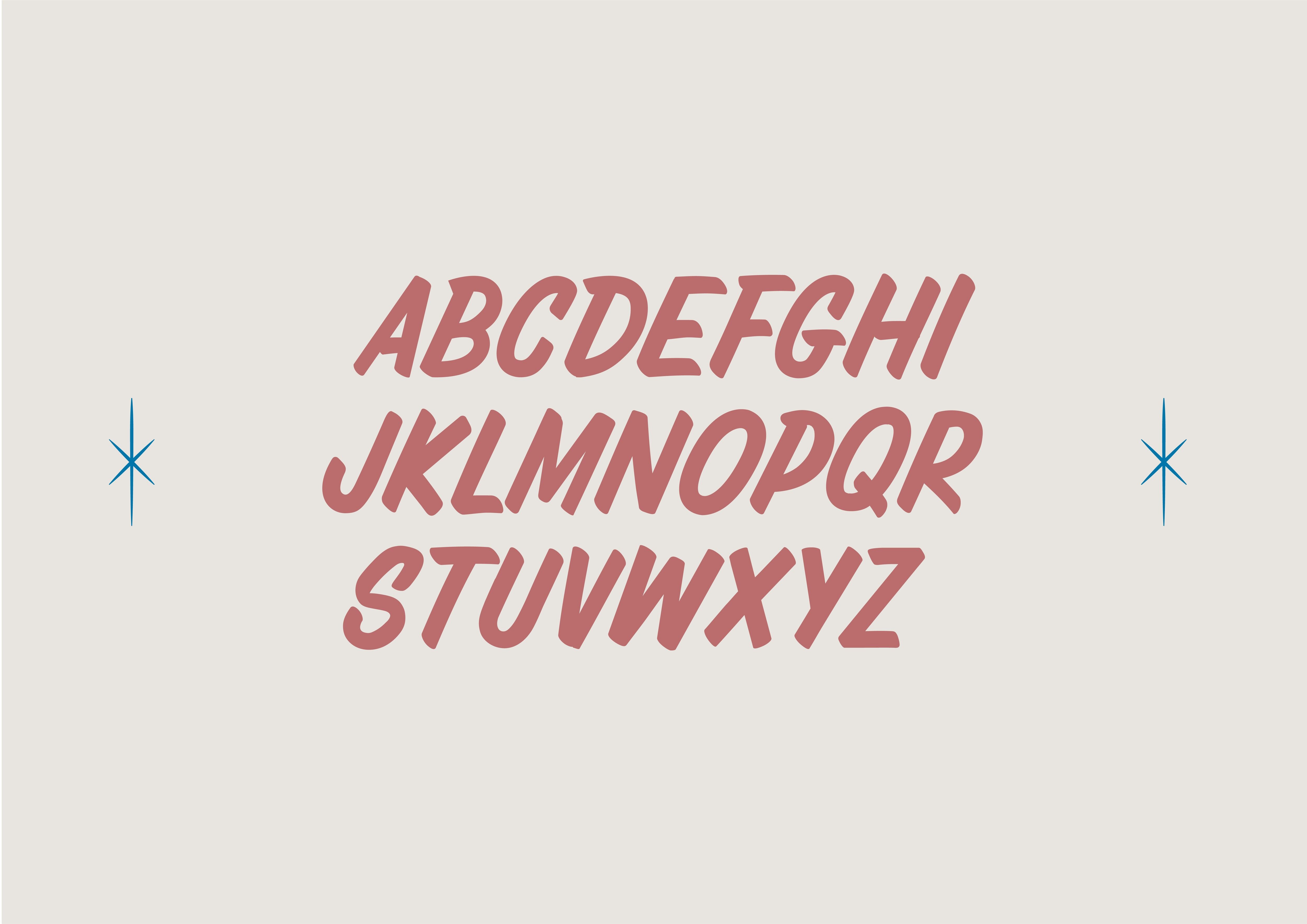 Stylized pink alphabet set with a minimalist cream background and two blue asterisks.