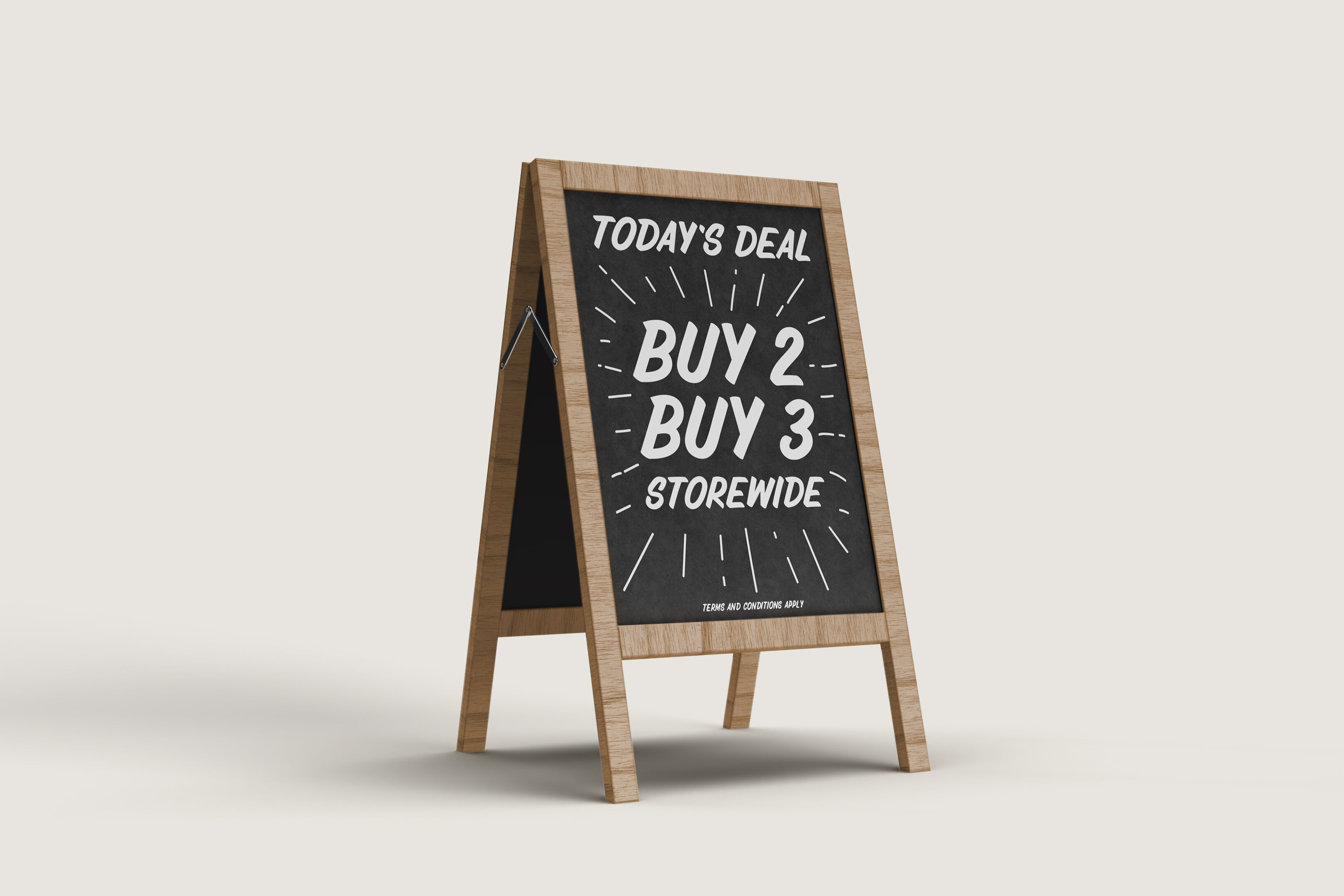 A wooden A-frame signboard displaying a storewide promotion of "Buy 2, Get 1 Free".