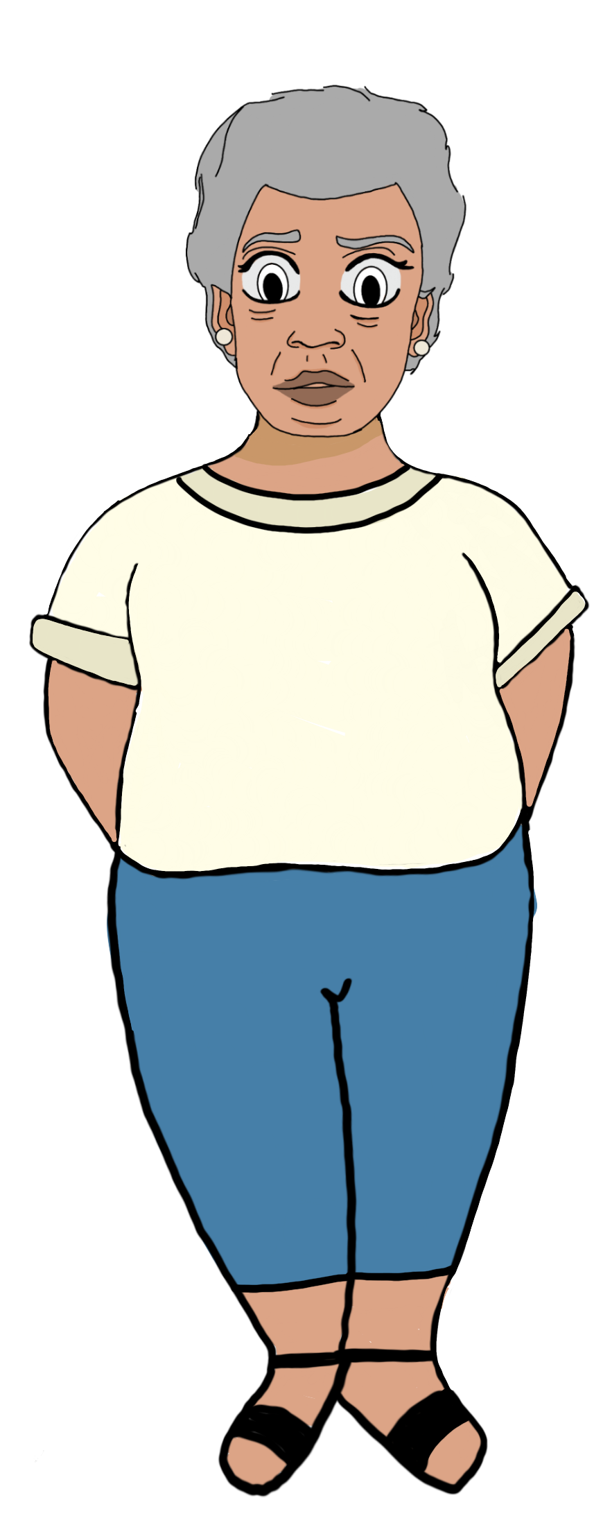 Full-length illustration of an elderly woman cartoon character with gray hair, wearing a white blouse and blue skirt, with a surprised expression.