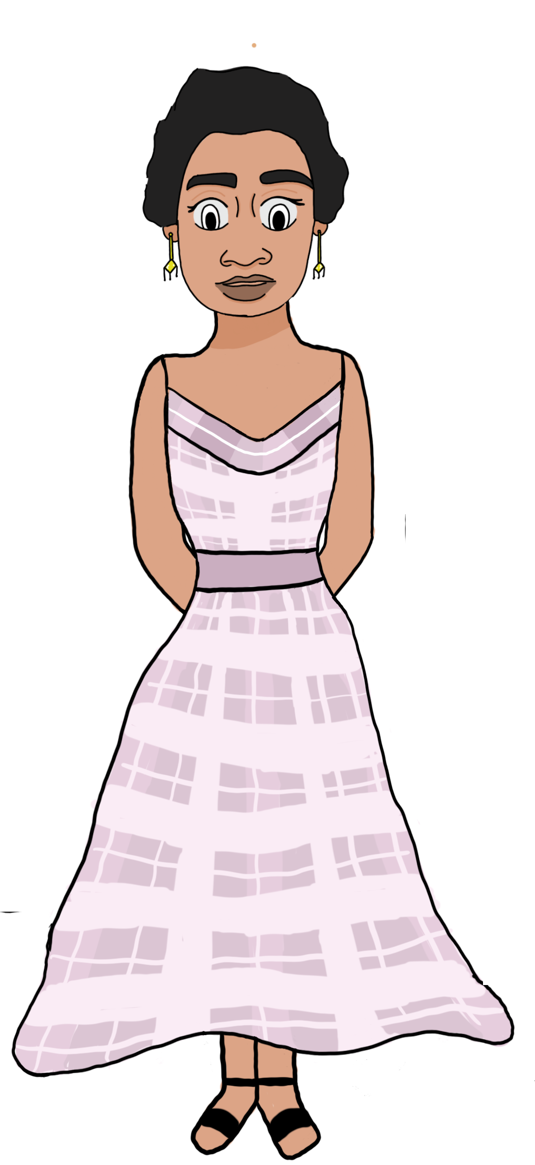 A digital cartoon depicting a woman with dark hair and gold earrings, donning a sleeveless, V-neck dress in a soft pink hue.