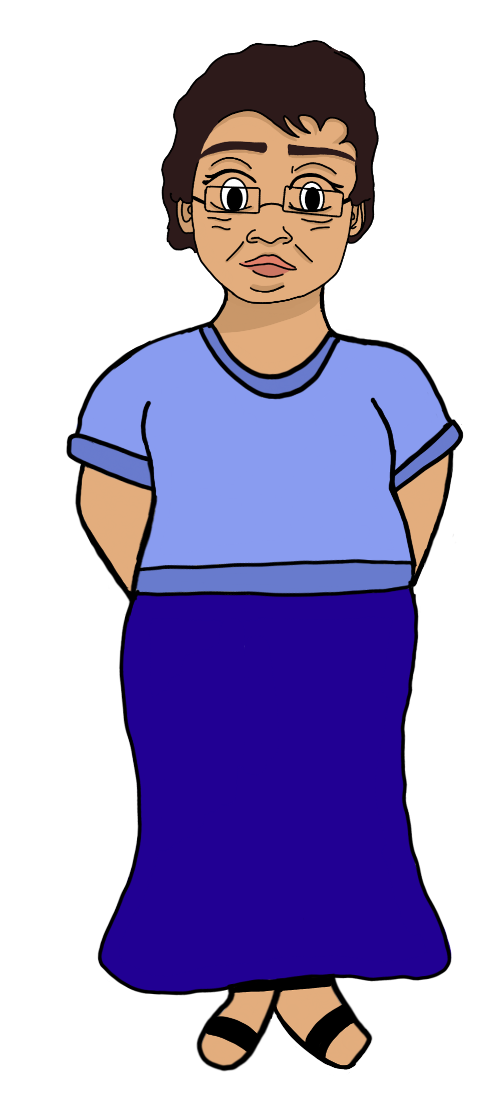A full-length illustration of a cartoon woman with brown hair and glasses, wearing a blue t-shirt and a long purple skirt, standing against a black background.