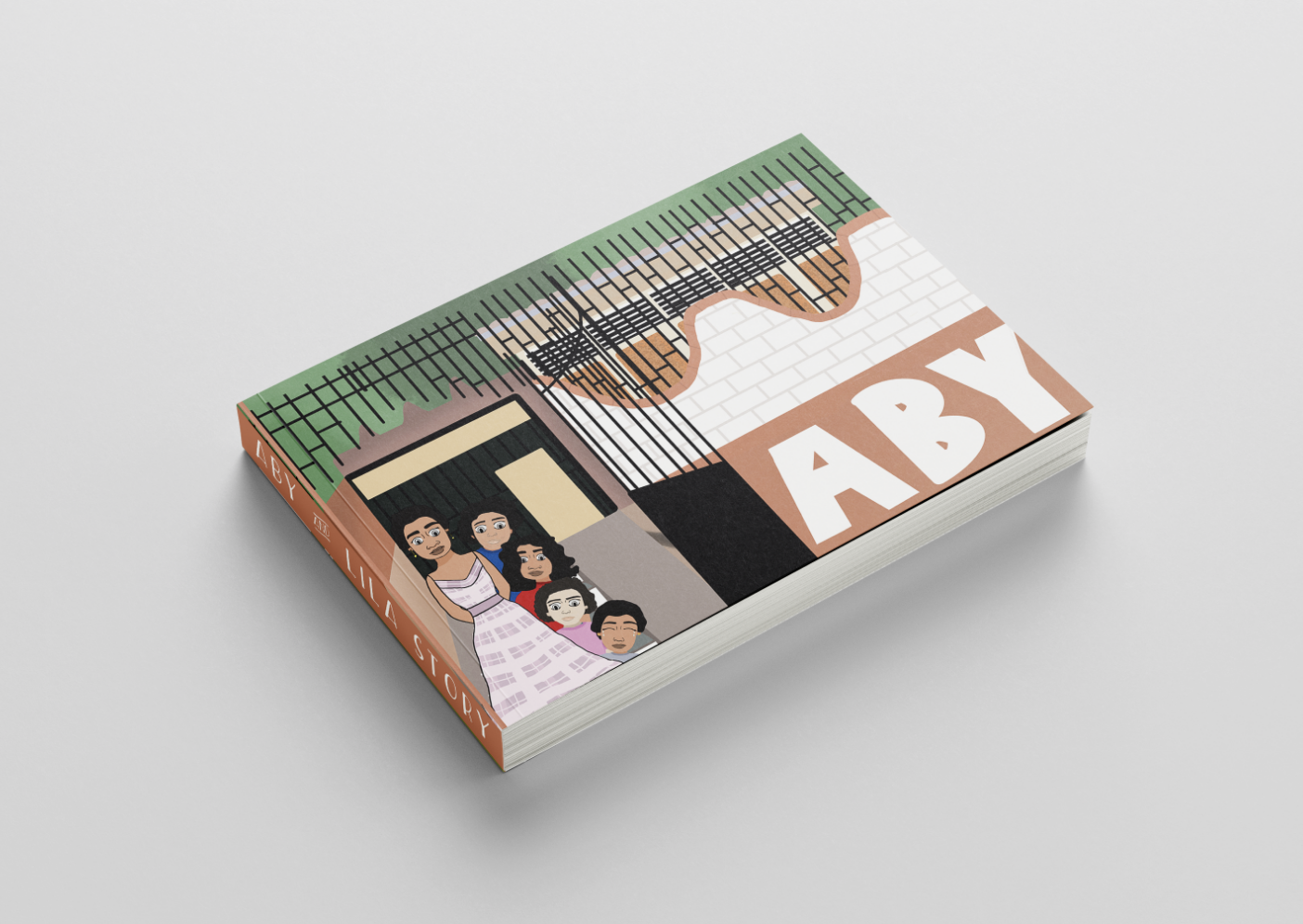 A colorful graphic novel lies against a white backdrop, its cover depicting a cartoon family in front of a house, titled 'ABY'.