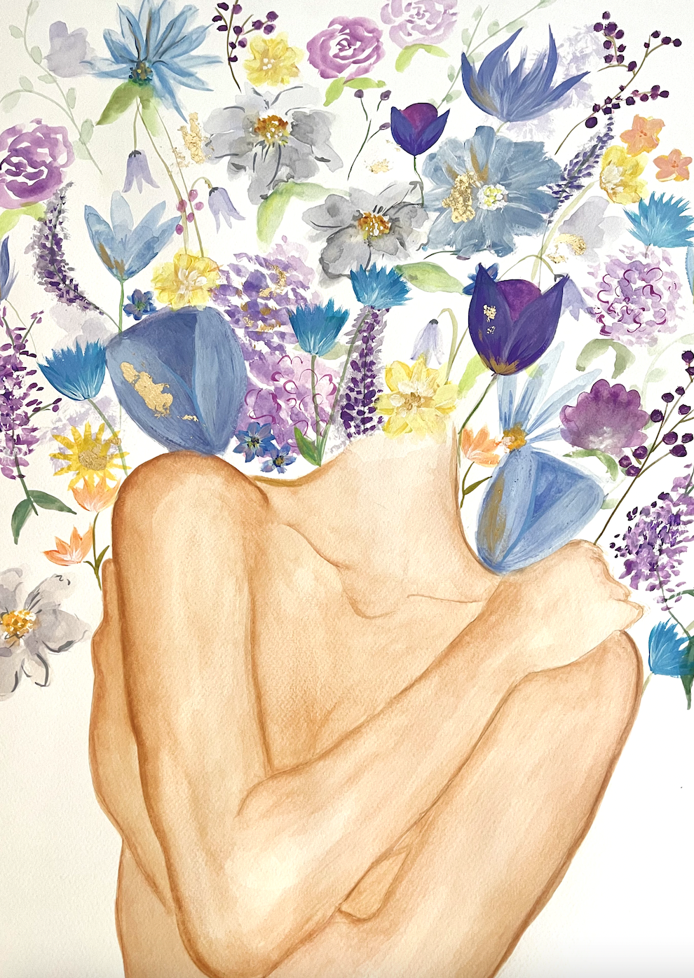 An artistic watercolor painting juxtaposing the delicate beauty of various flowers with the gentle curves of a human back.
