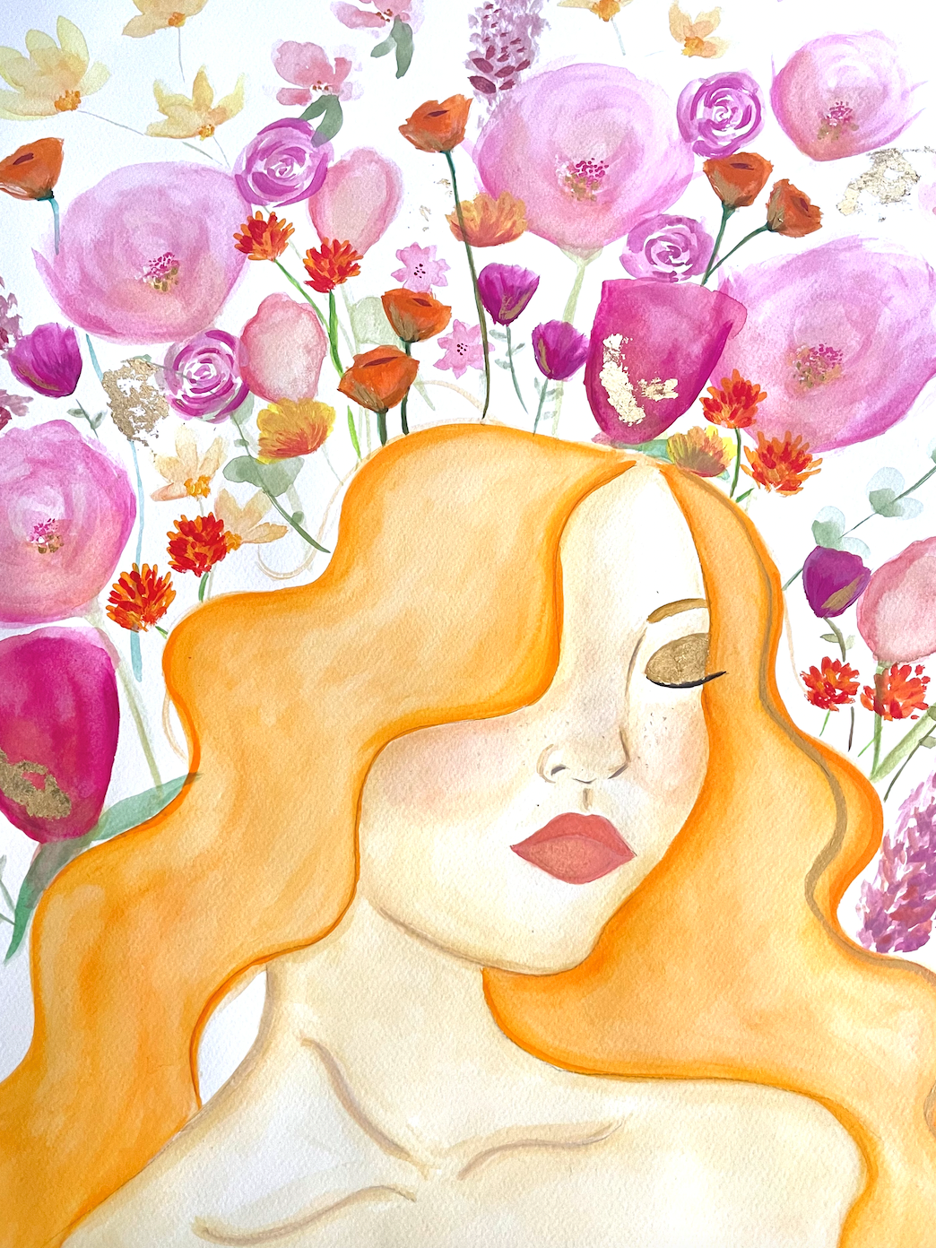 A watercolor portrait of a woman with flowing auburn hair and closed eyes, exuding tranquility against a backdrop of lush pink and red flowers.