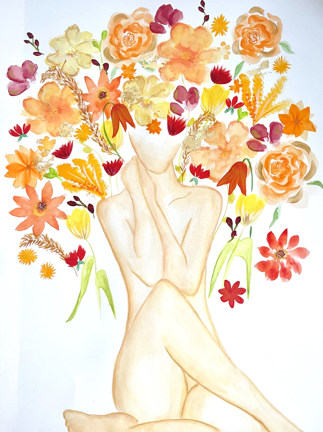 A watercolor of a nude figure with a vibrant bouquet of flowers for a head.
