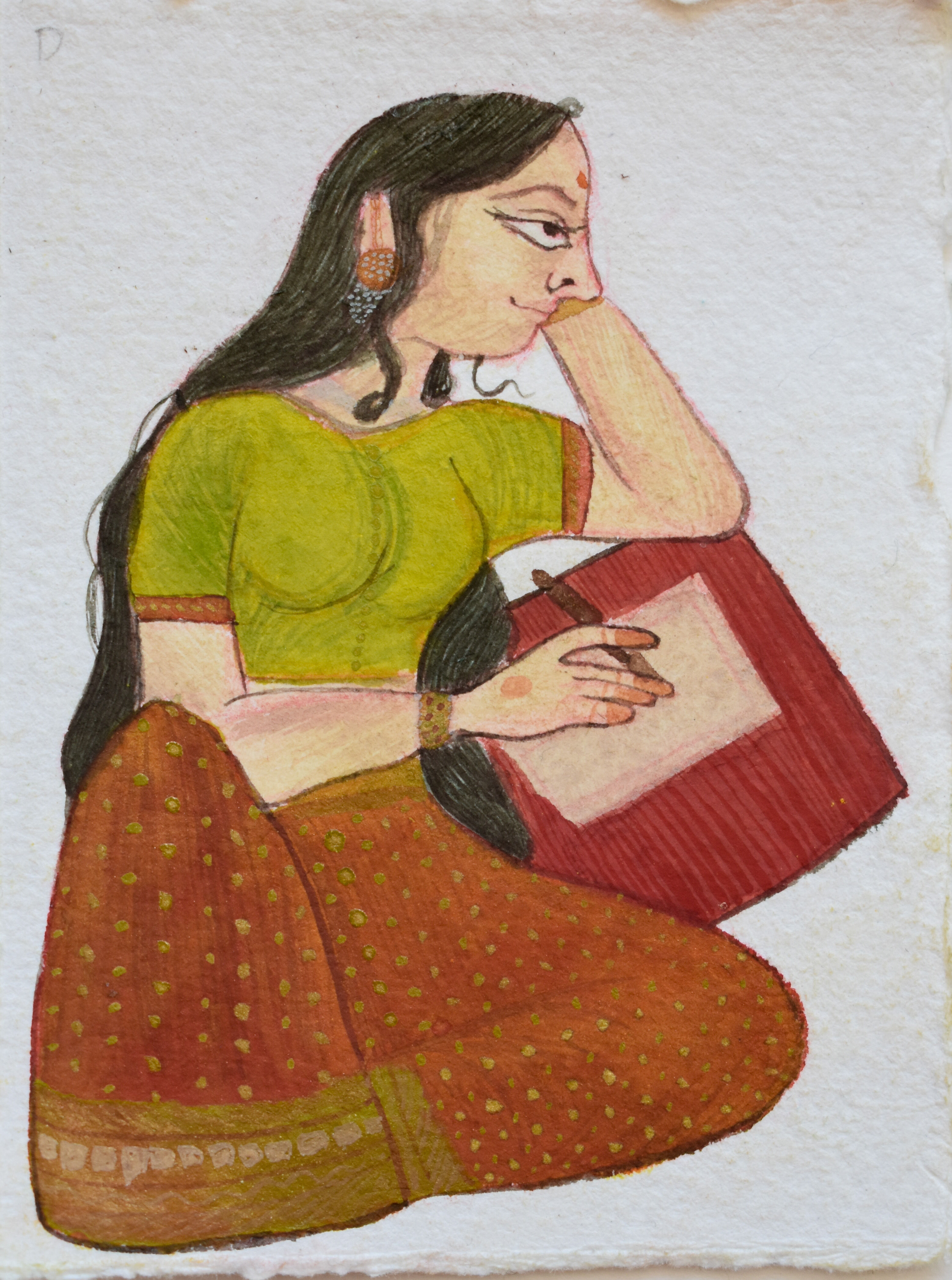 Hand-painted illustration of a woman dressed in traditional Indian attire, lost in thought with a book in hand.