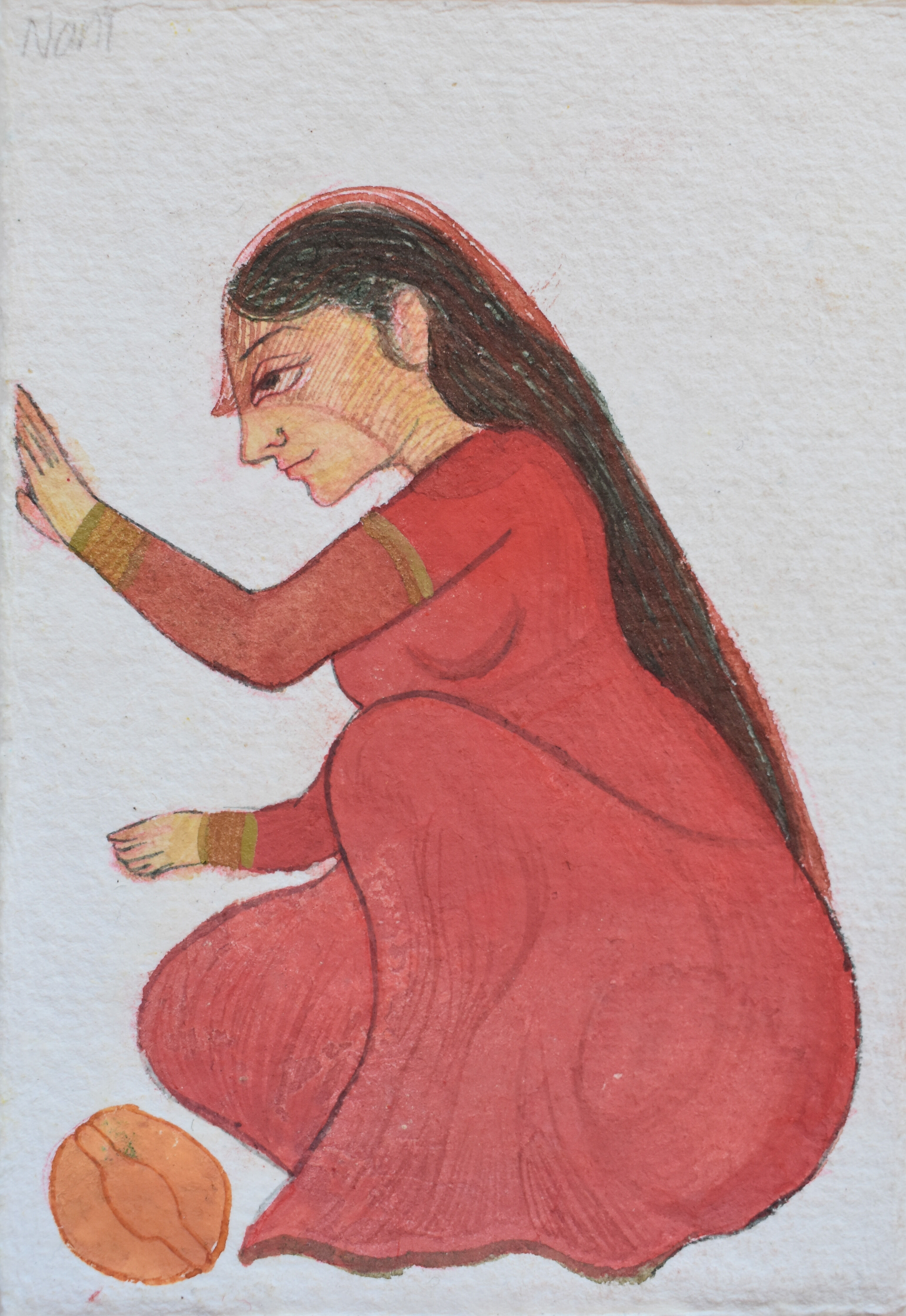 A stylized painting of a woman in a red outfit seated and reaching out towards a small, orange object on textured paper.