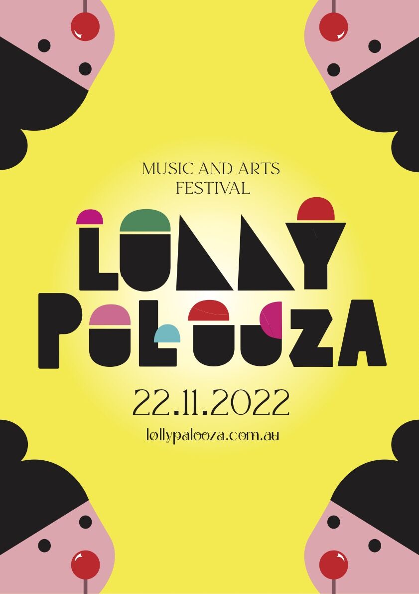Poster for the Lollypalooza festival on 22.11.2022, featuring stylized text and playful graphics against a yellow background.