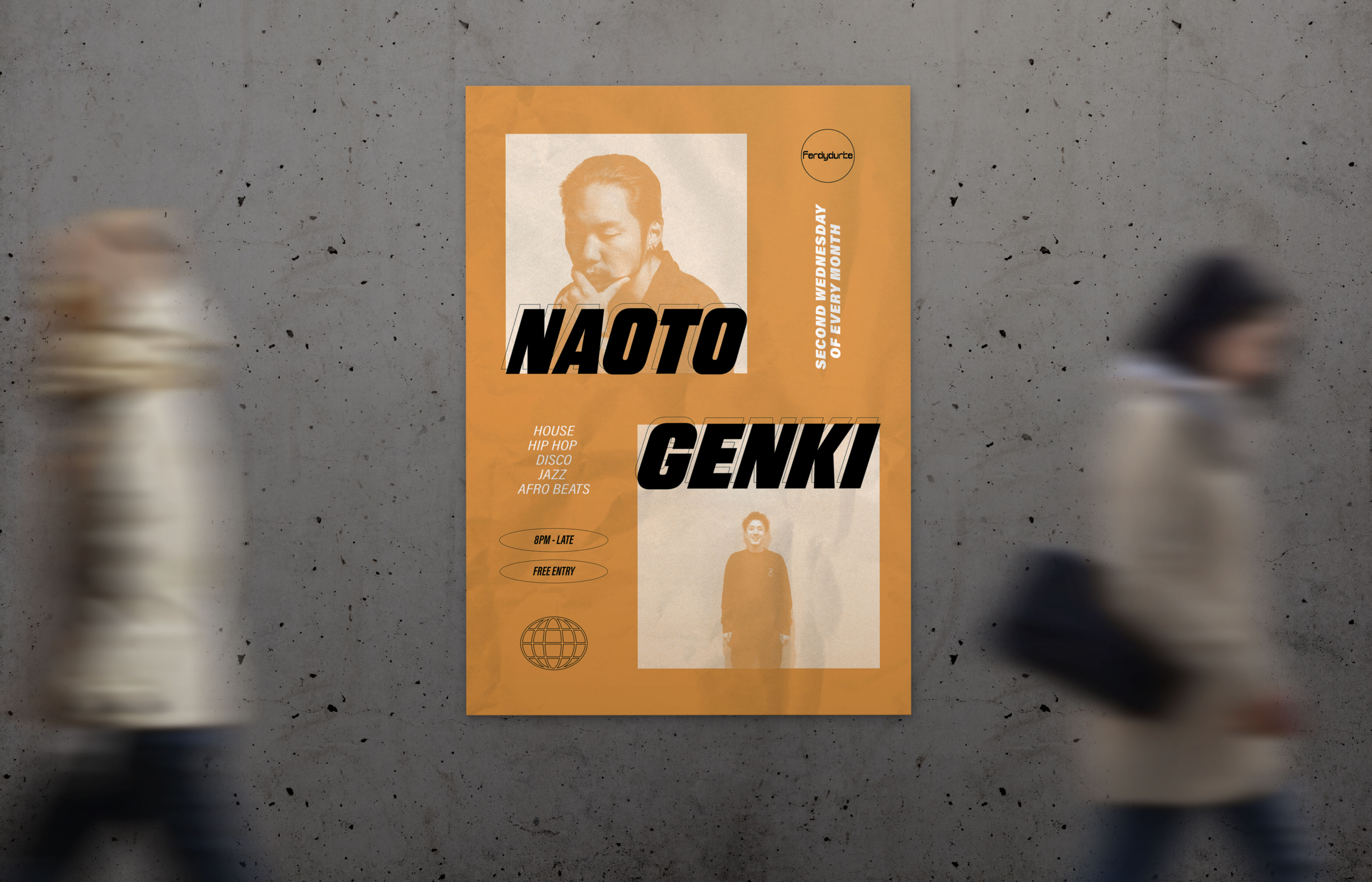 An orange poster affixed to a concrete wall advertises "NAOTO GENKI", featuring genres like House, Hip Hop, and Afro Beats.