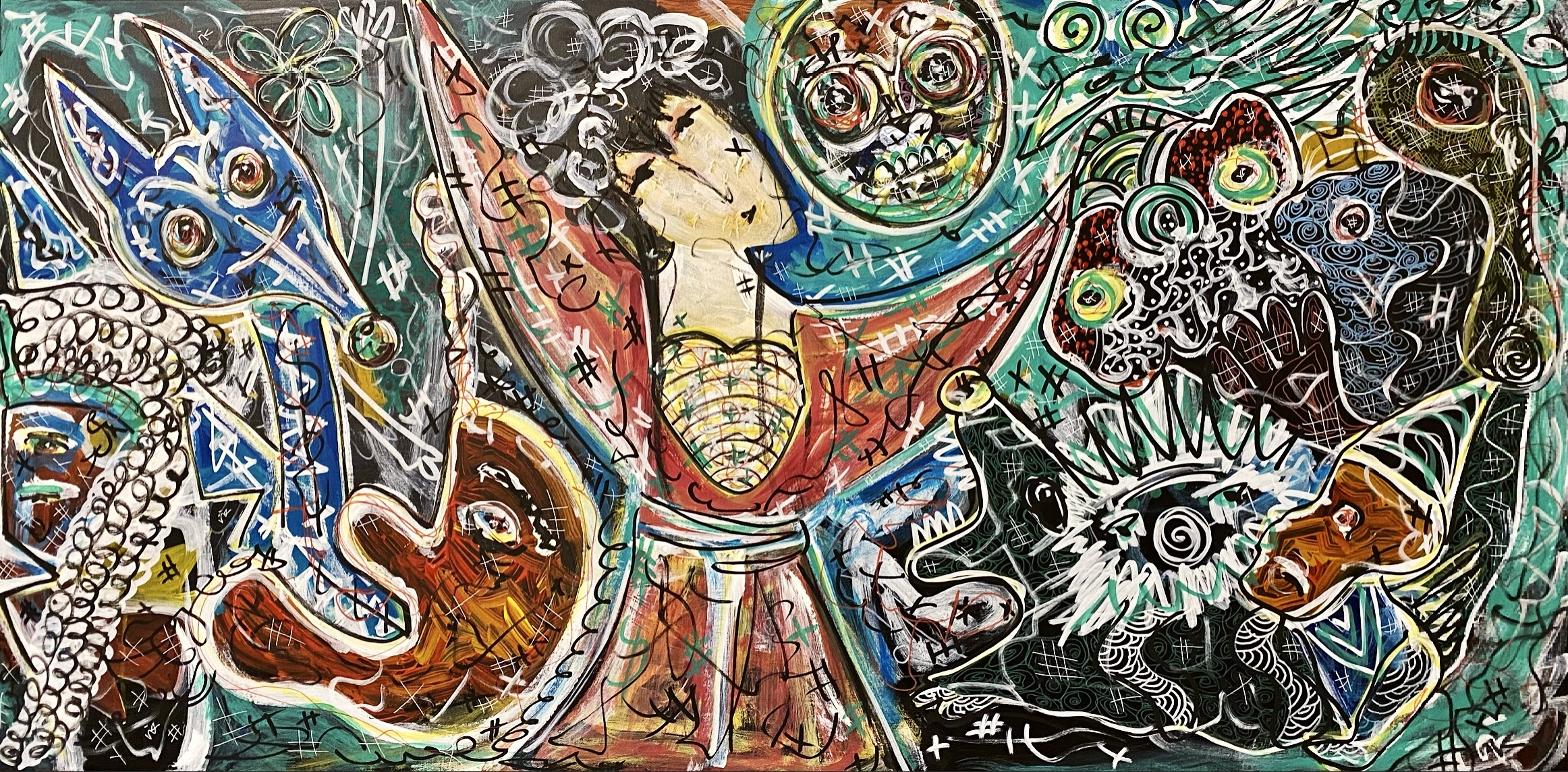 A vibrant and chaotic abstract expressionist mural featuring various surreal and stylized creatures with multiple eyes, juxtaposed with graffiti-like scribbles and symbols.