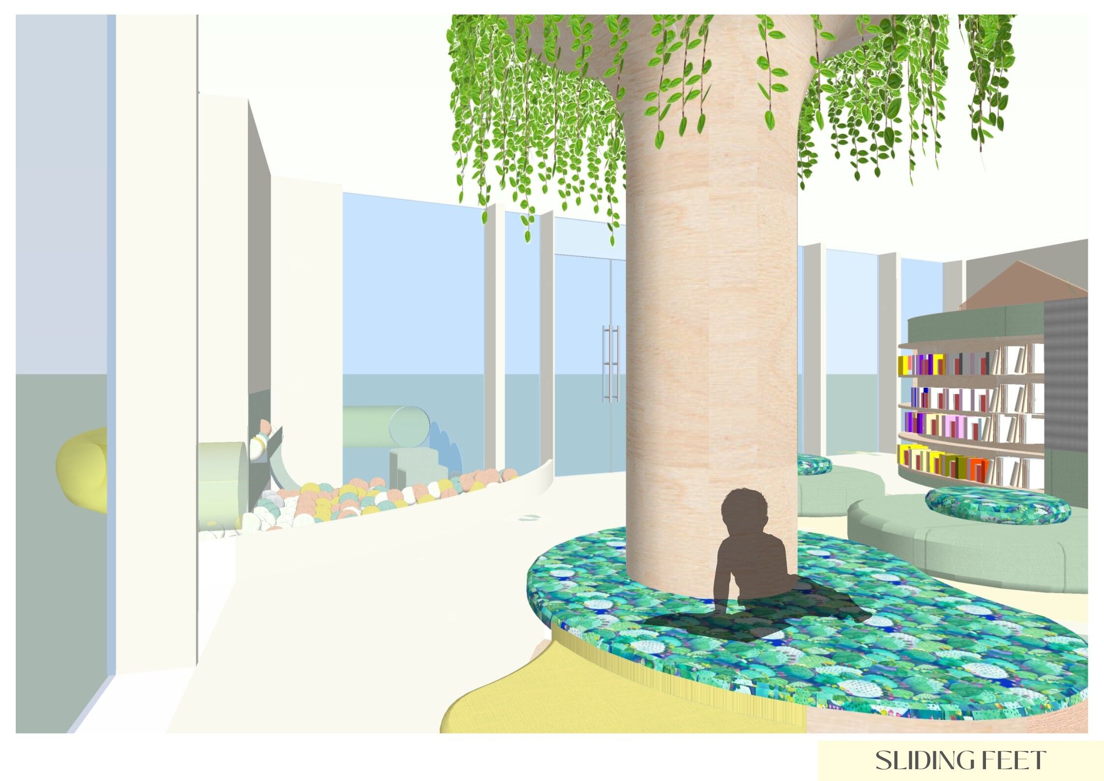 A conceptual design of a library with open, airy spaces, featuring a large tree, hanging greenery, and seating areas with a view of the sea.