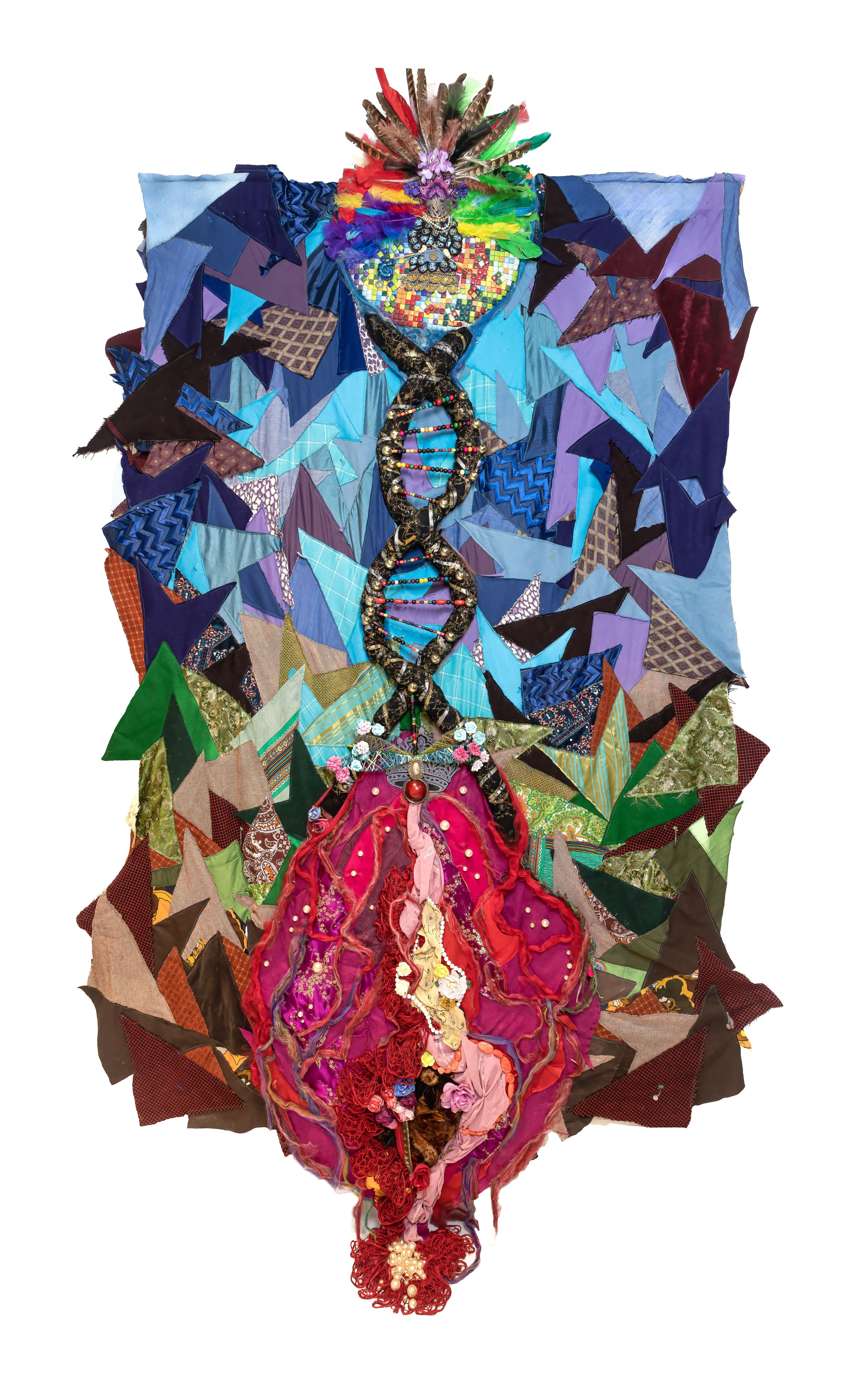 A vertical collage with triangular blue, green, and brown textiles, topped with a colorful crown. A DNA-like textile and jewelry structure bisects the center, ending in a red and pink spiral.