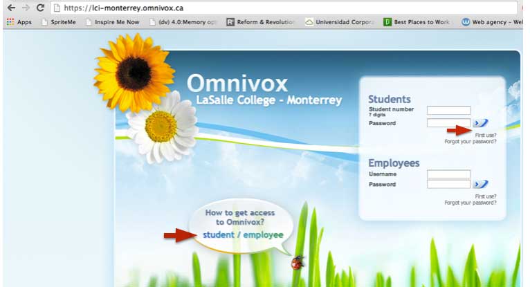 Página web del portal Omnivox del Colegio LaSalle - Monterrey, con secciones de acceso para estudiantes y empleados sobre un fondo de girasoles y cielo.