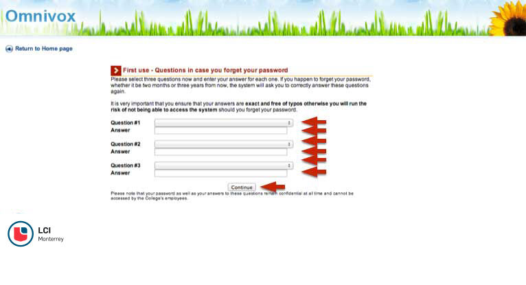 Interfaz web de Omnivox para establecer preguntas de seguridad de recuperación de contraseña.