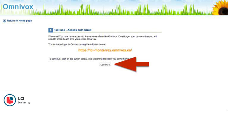 Captura de pantalla de Omnivox mostrando un mensaje que confirma la autorización de acceso por primera vez, con un botón "Continuar" señalado por una flecha roja.