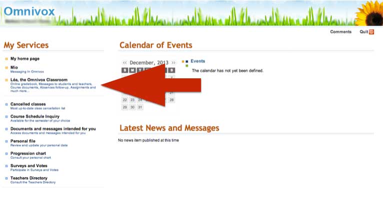 Flecha roja que indica el enlace 'Léa, The Omnivox Classroom' bajo 'Mis Servicios' en el sitio web de Omnivox.