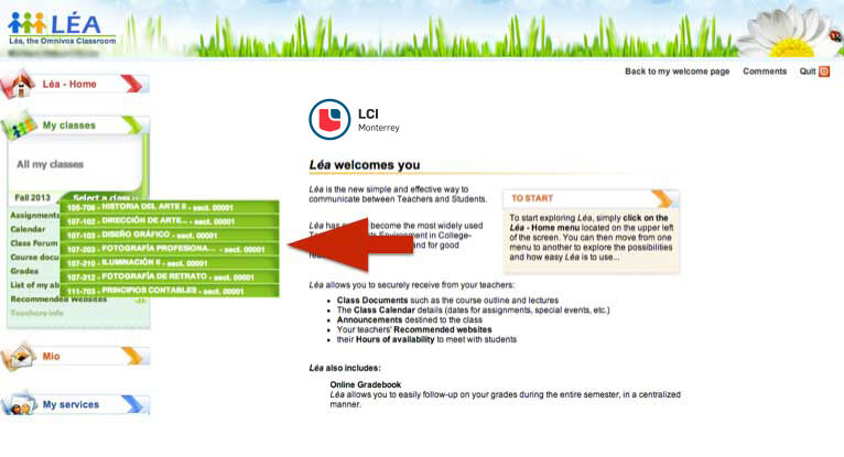 Educational Platform Interface with Highlighted Features
Description: 'Léa' platform interface with a red arrow highlighting a class list, alongside assignment and gradebook options.