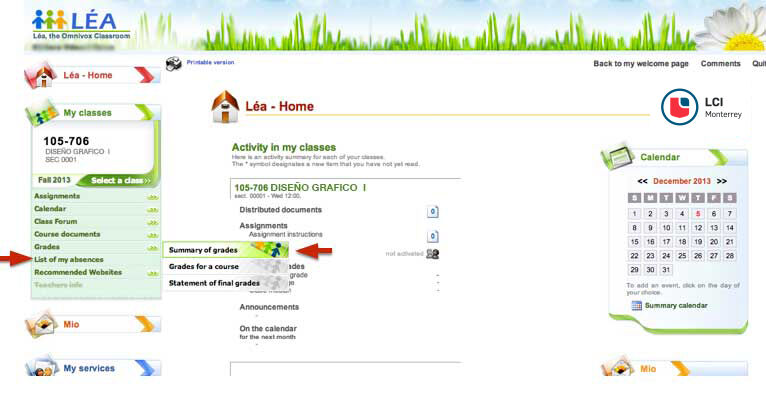 Captura de pantalla de "LÉA", una plataforma educativa, con una flecha roja señalando el botón 'Resumen de calificaciones' en la página de inicio de un estudiante.