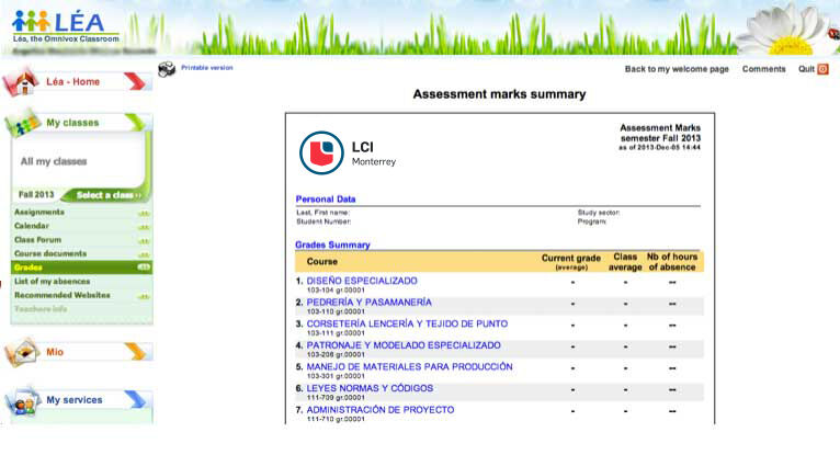 Resumen de calificaciones de un estudiante en el portal educativo LÉA, mostrando cursos y calificaciones.
