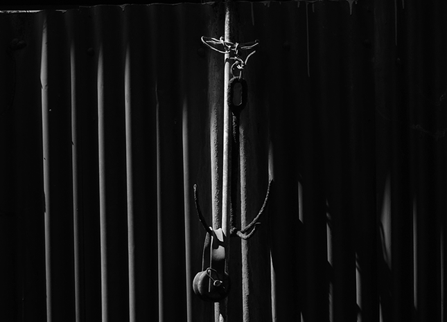 Contraste marcado en blanco y negro de un candado y cadena en una puerta de metal corrugado, simbolizando seguridad.