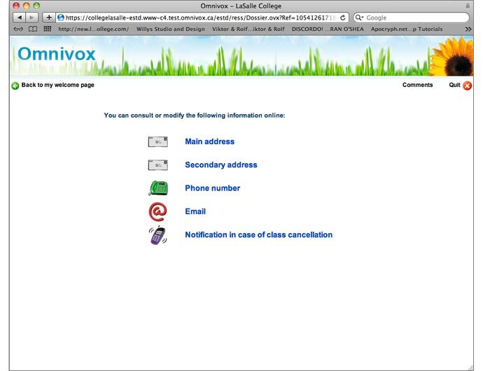 Interface of Omnivox portal showcasing options for updating personal information, including addresses and contact details.