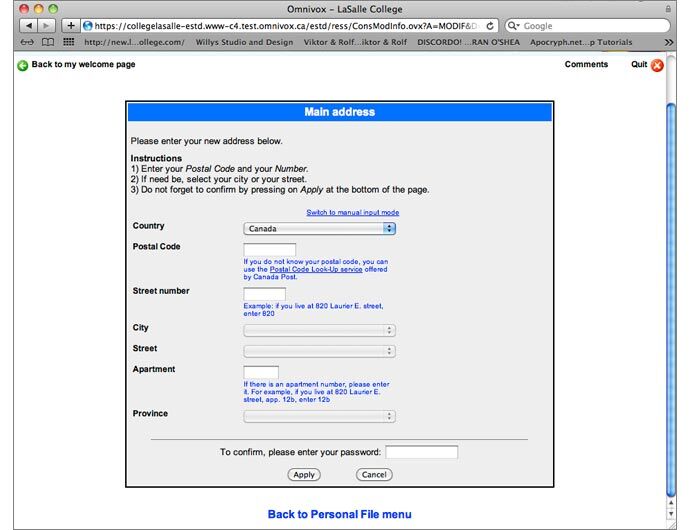 A screenshot of a web-based form to update the main address, with fields for country, postal code, street number, city, street, apartment, and province, specifically for a Canadian address.