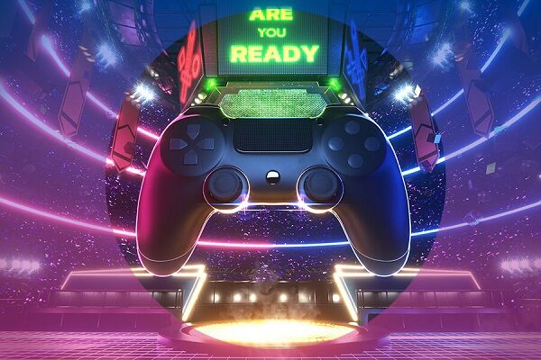 A digital art piece featuring a large game controller above a vibrant neon-lit stage with the text "ARE YOU READY".