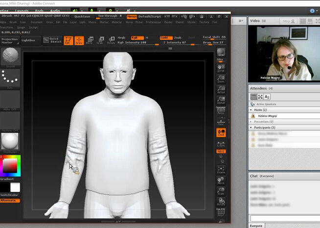 A screenshot of a 3D modeling software interface displaying the creation of a human figure, with a video conference window on the side showing one participant.