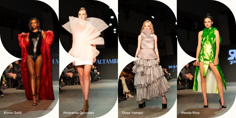 Models showcasing designs by Kimia Gallii, Amaranta Gonzalez, Duaa Yamani, and Renda Rico on the fashion runway.